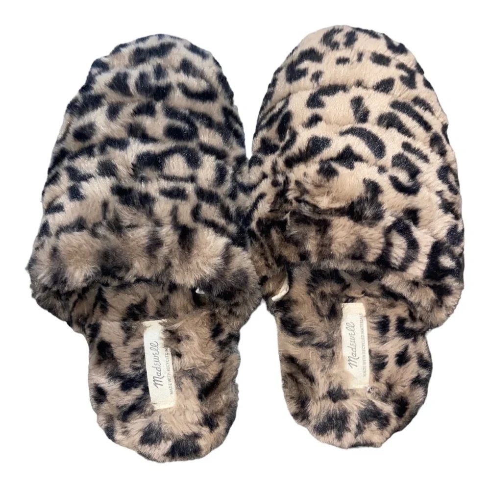 MADEWELL Leopard Cheetah Animal Print Quilted Plush Faux Fur Slippers Size 5 - Picture 7 of 13